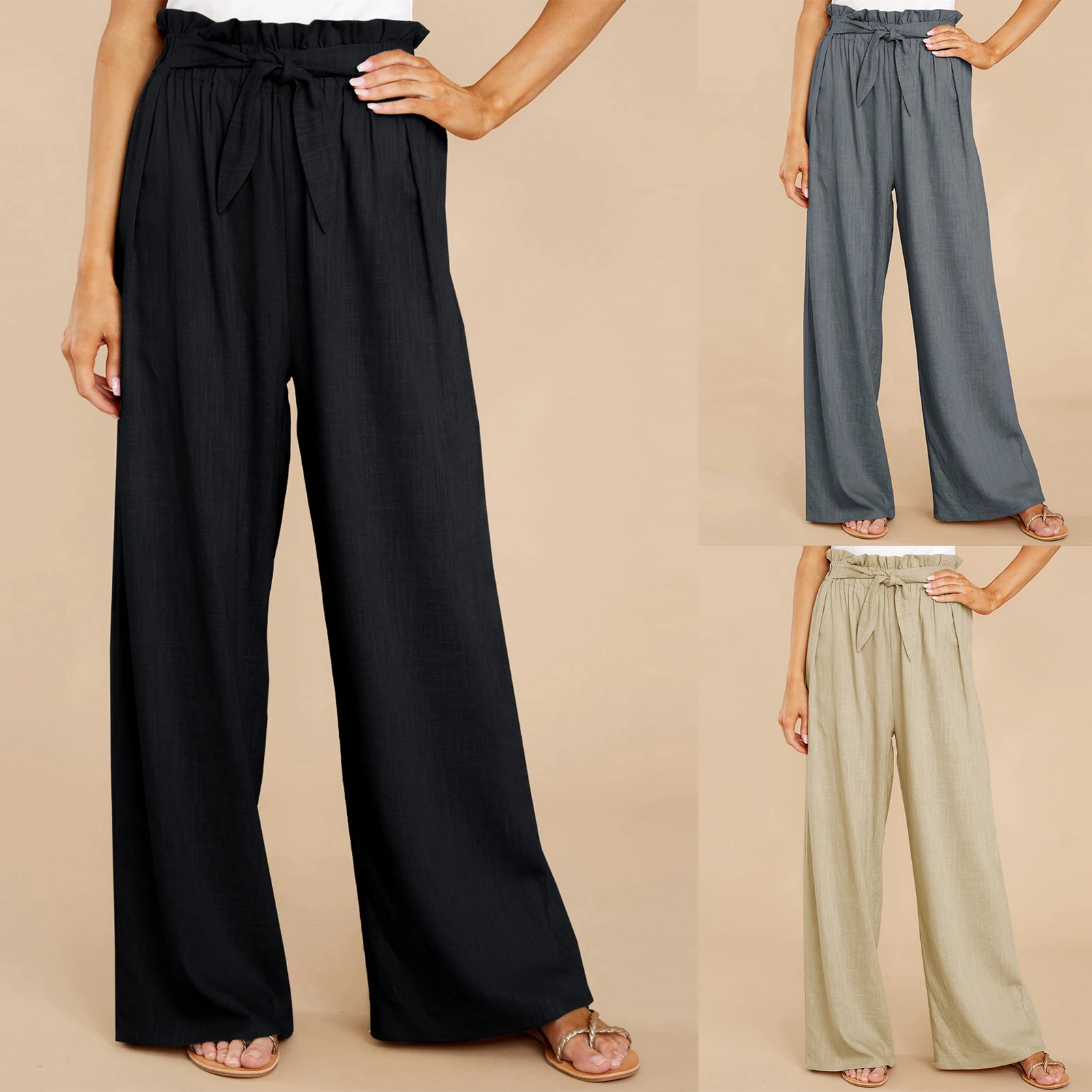

Cotton Linen Wide Leg Lounge Pants High Waisted Adjustable Tie Knot Trousers Solid Color Casual Ruched Oversized Palazzo Pants