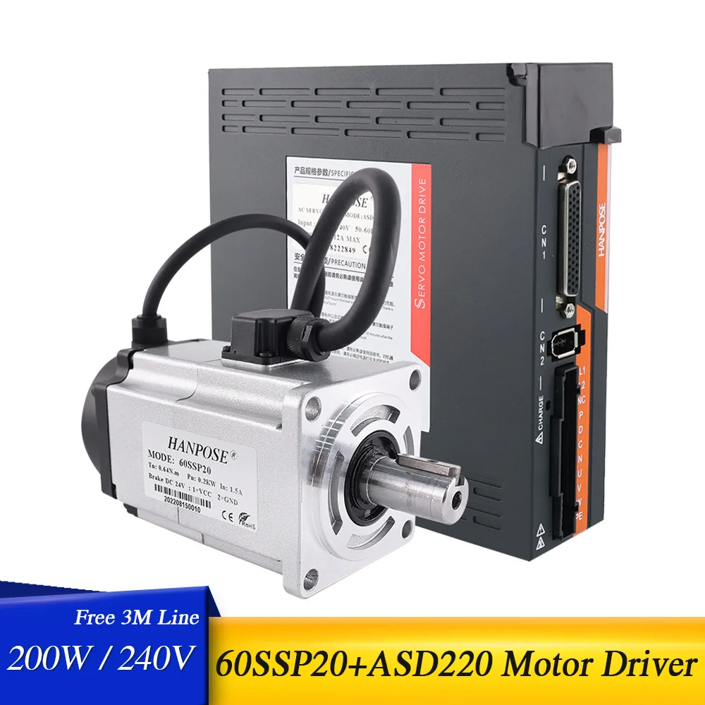 

servo motor controller 1.5A 0.64N.m 60SSP20 Motor with Brake AC200-240V ASD220 Servo Drive Router Encoder 200W Servo Motor Kit
