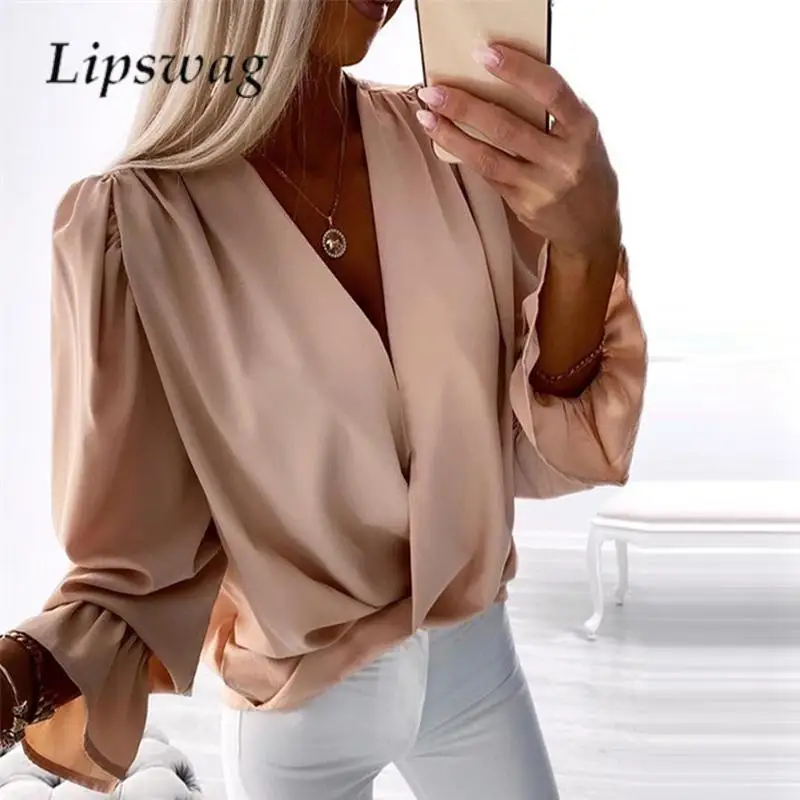 

Fashion Women Thin Loose Pullover Blouse 2023 New Ladies Solid Color V Neck Office Tops Autumn Flared Long Sleeve Casual Shirts
