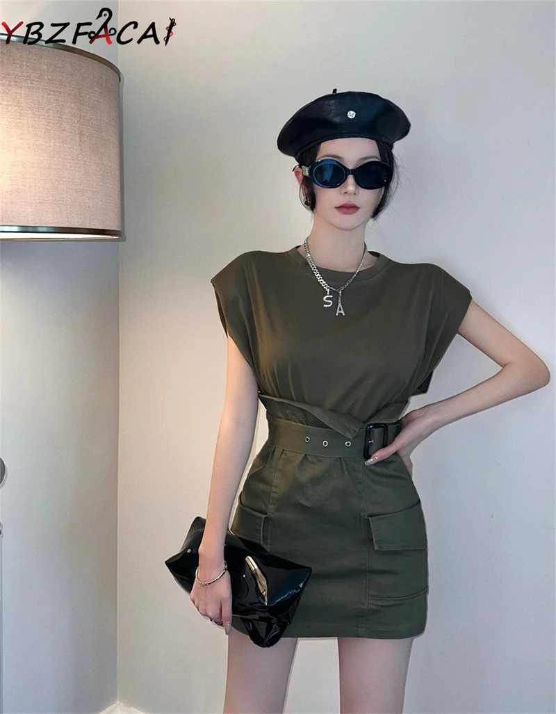 

Simple Retro 2-Piece Set Women's New 2022 Summer Korean Loose Shoulder Pad Top + High Waist Workwear A-Line Skirt Set + Belt