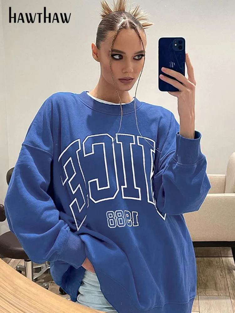 

Hawthaw Women Long Sleeve Letter Print Streetwear T Shirt Tops Hoodie Sweatshirts 2022 Autumn Wholesale Items For Business