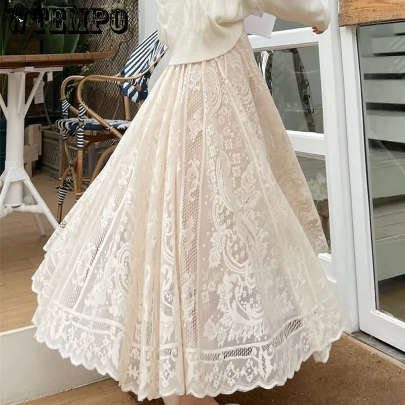 

WTEMPO Long Maxi Skirts for Women Spring Summer Korean Cute Princess Style Elastic High Waist A-line Casual Floral Lace Skirts