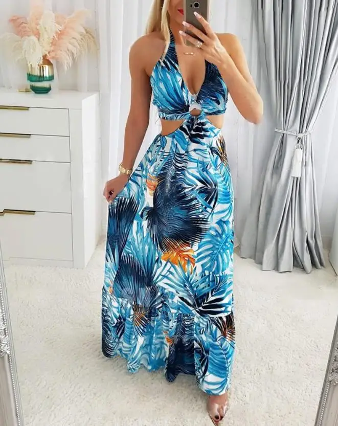 

Palm Leaf Print Tied Detail Halter Maxi Dress 2023 Summer New arrival Fashion Sexy Sleeveless Cutout Design Vacation Long Skirt