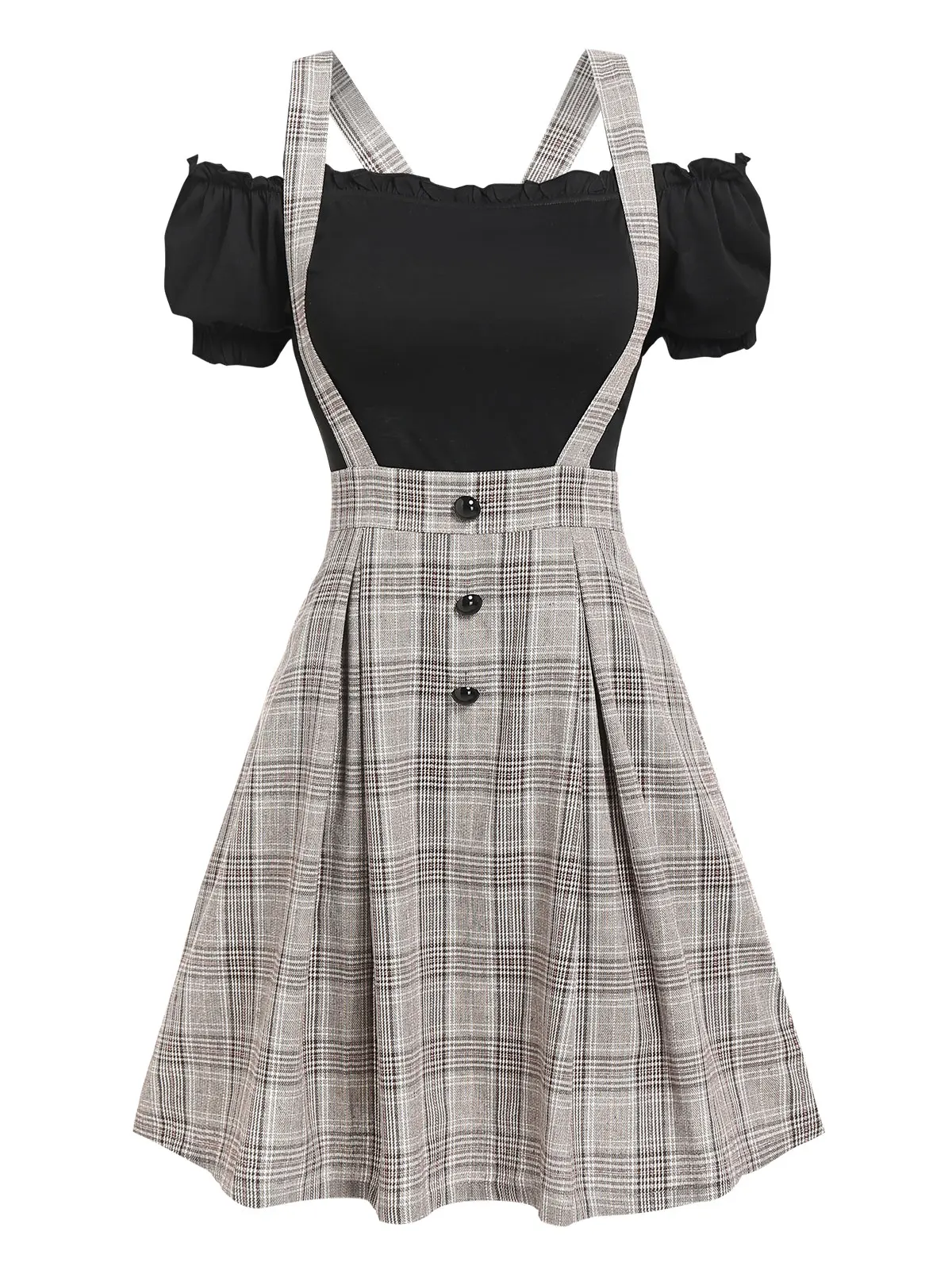 Off The Shoulder Tee and Crisscross Plaid Suspender Skirt Set Two Piece Dress Top and Skirt Set