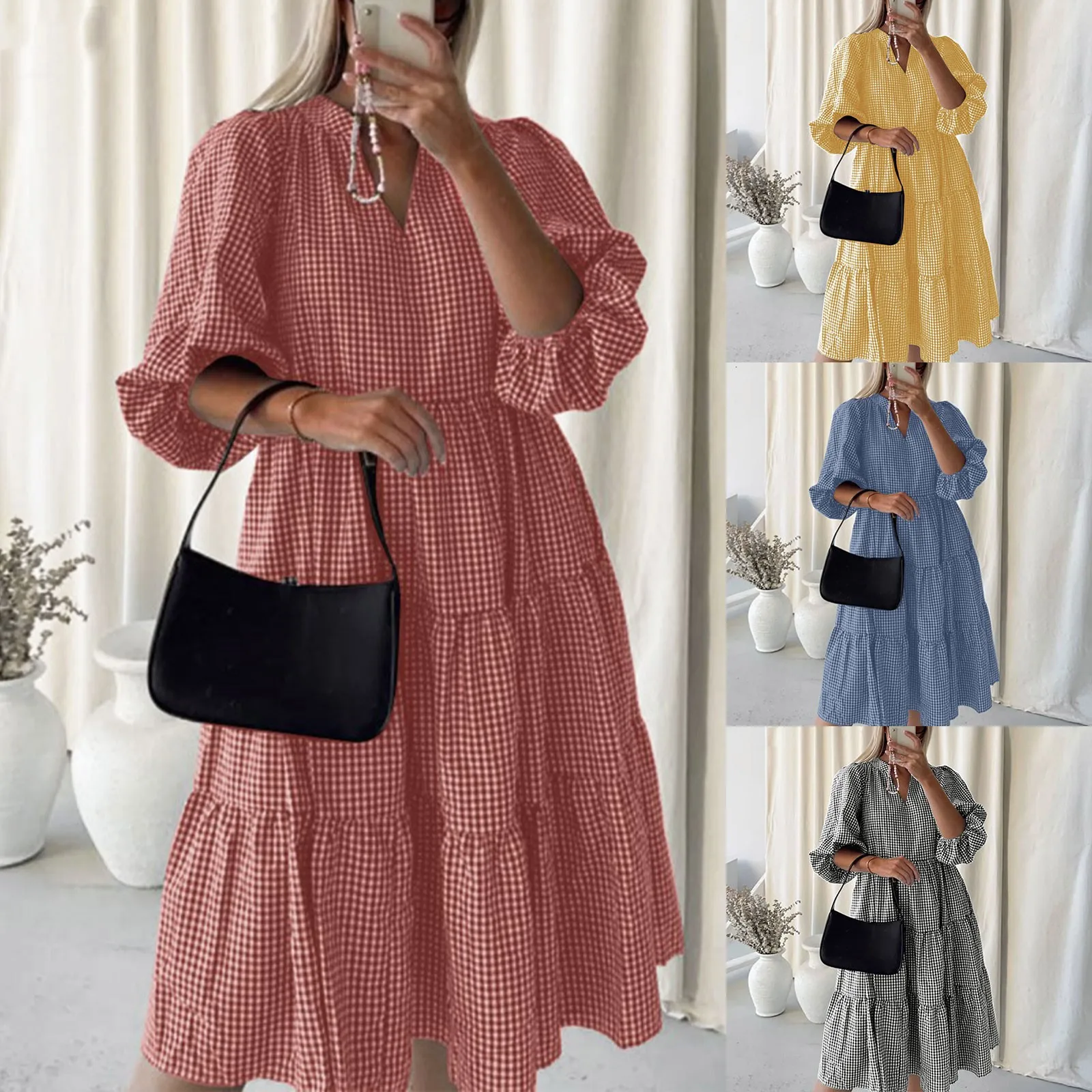 Женское винтажное платье с рукавом-фонариком летнее клетчатое до середины икры