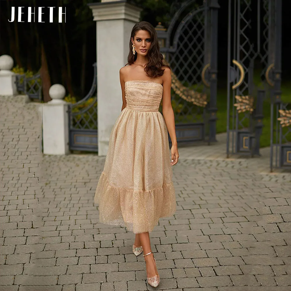 

JEHETH Champagne Strapless Sparkly Tulle Prom Dress Glitter Boat Neck Backless A Line Evening Party Gown Tea Length فستان سهرة