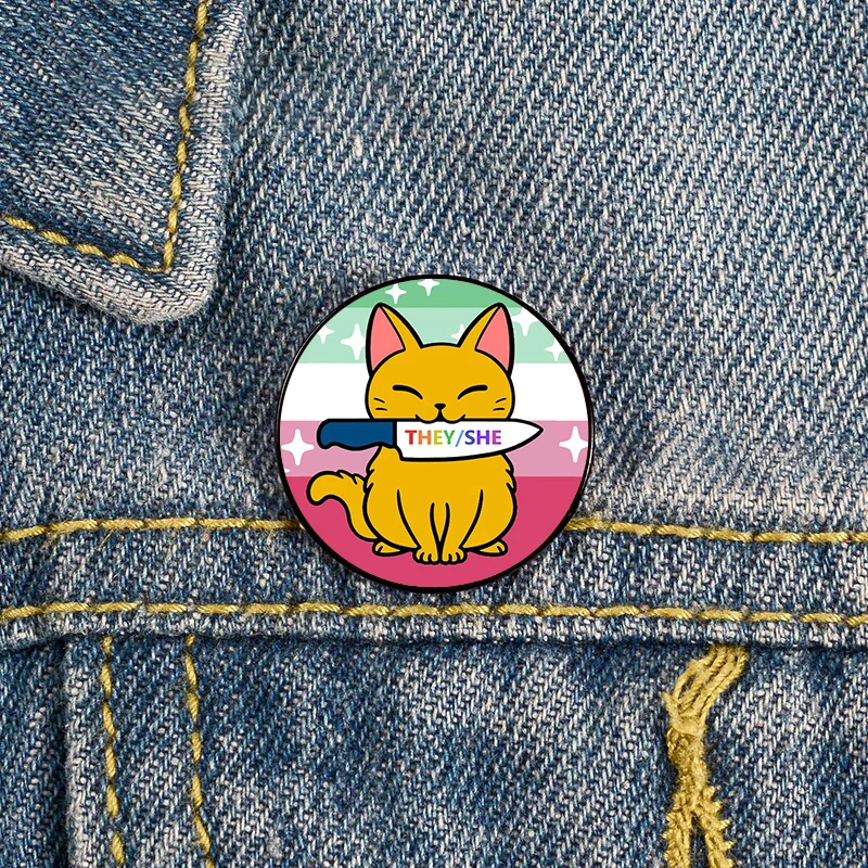 

Cute Cat with Knife THEY SHE Pronouns Abrosexual pride Pin Custom Brooches Shirt Lapel teacher tote Bag Badge gift pins