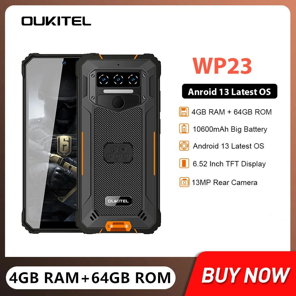 

OUKITEL WP23 Rugged Waterproof Smartphones 6.52Inch FHD 4GB+64GB Android 13 Mobile Phone 13MP Camera 10600mAh Battery NFC Phones