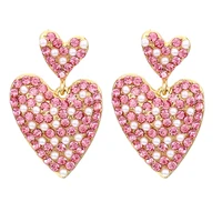 temperament romantic pink rhinestone heart shaped earrings for woman