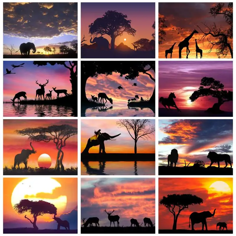 

CHENISTORY Modern Diamond Painting Frame Elephant Giraffe Elks Full Drill Embroidery Diy Gift For Adults Crafts Sunset Landscape
