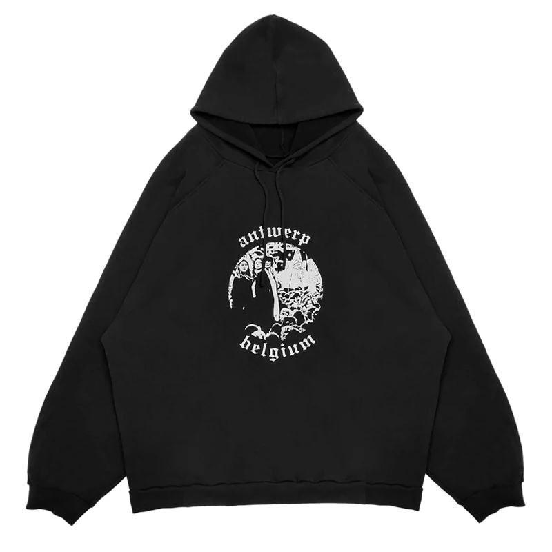 

Raf Simons Archive Autumn Loose High Street Hoodie Men and Women Black Casual Letter Printed Hooded Pullover with Figure Pattern