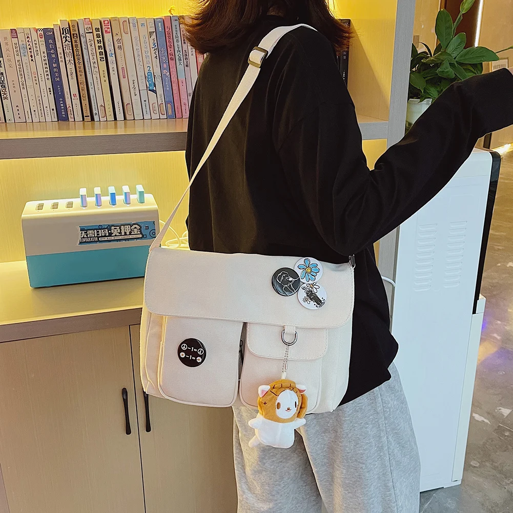 

Японская Сумка-тоут в стиле Харадзюку, большой вместительный кошелек, милые плюшевые значки с подвесками, карман с клапаном для путешествий...