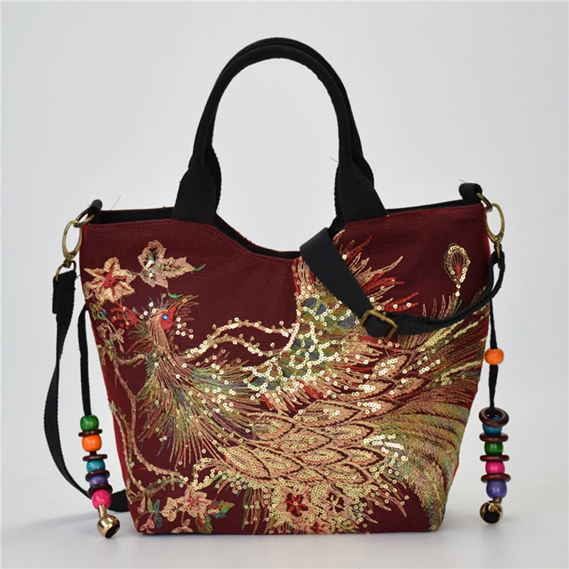 

Women Shoulder Bag Handmade Embroidery Peacock Bohemia Ethnic Style Retro Handbag Large Capacity Tote Messenger Bag for Girl
