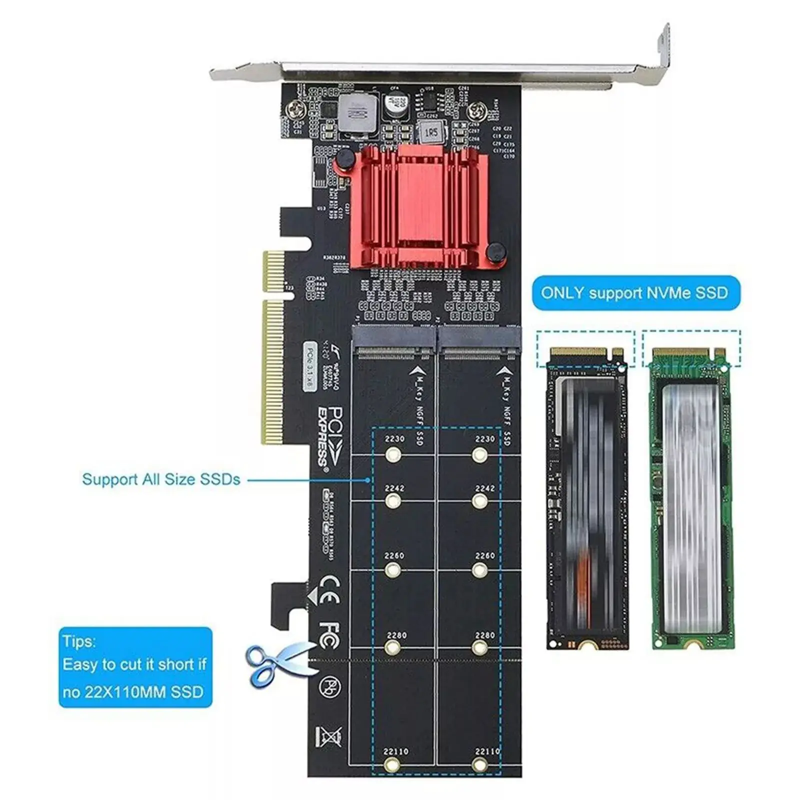 Фото Двойная карта-адаптер M.2 NVMe PCIe 3.0 x8, чипсет ASM2812, без разветвления, для SSD M Key 22110 2280, карта расширения для SSD №4
