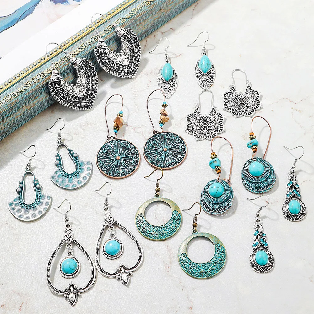 

2022 New Boho Earring women Turquoise Vintage Earrings Hollow Geometric Bead Tassel Earring Party Classic Vintage Ethnic Jewelry