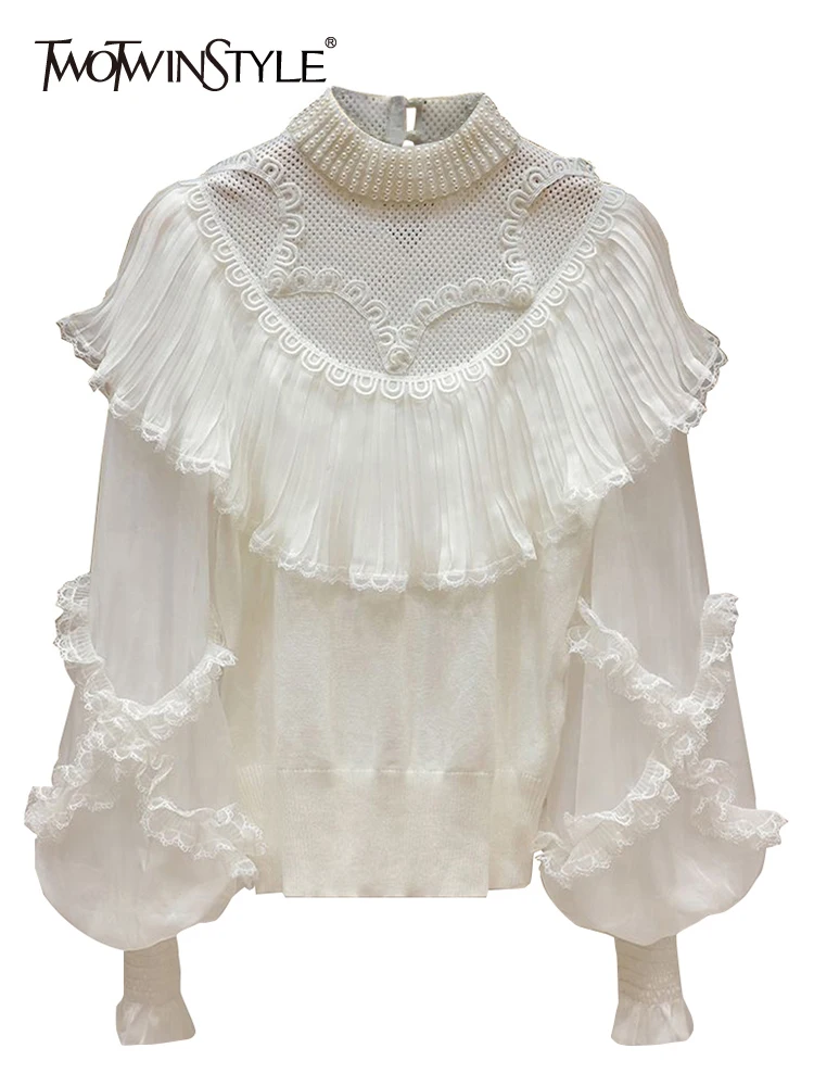 

TWOTWINSTYLE Solid Patchwork Pearls Sweaters For Women Round Neck Long Sleeve Spliced Mesh Knitted Sweater Female Fashion 2023