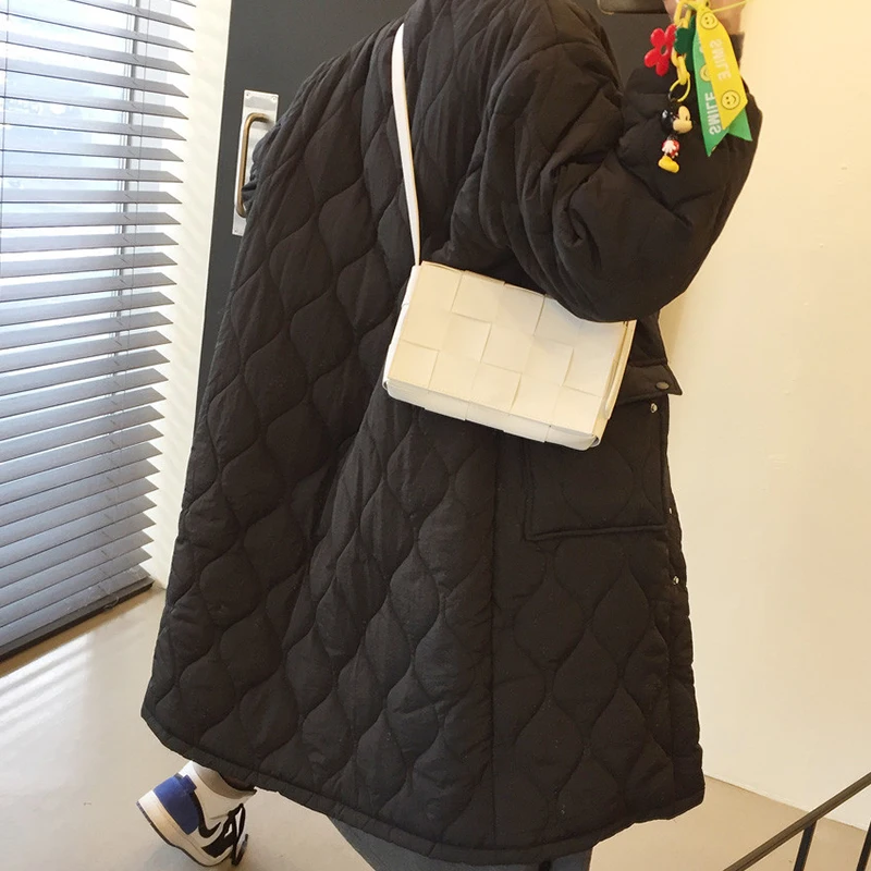 Chic Autumn Winter Women's Diamond Padded Coat Fashion Solid Thickening Parkas Ladies Vintage Single-Breasted Long Coat