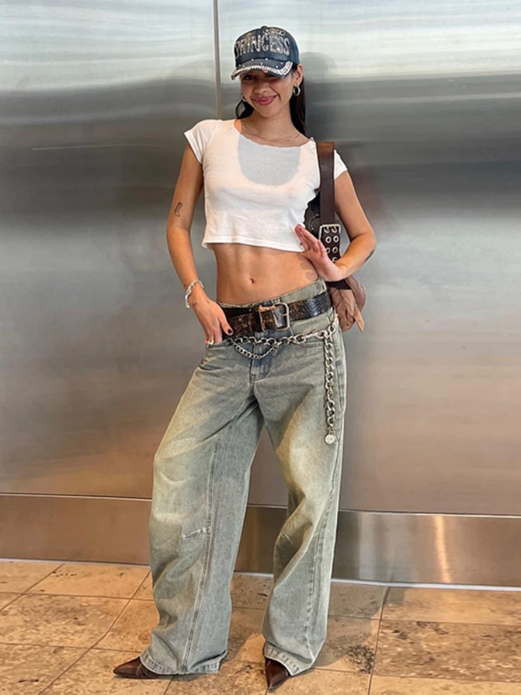 Vintage Gradient Flared Jeans Washed High Waisted Baggy Pants 2023 Korean Fashion Streetwear Wide Leg Long Denim Trousers y2k