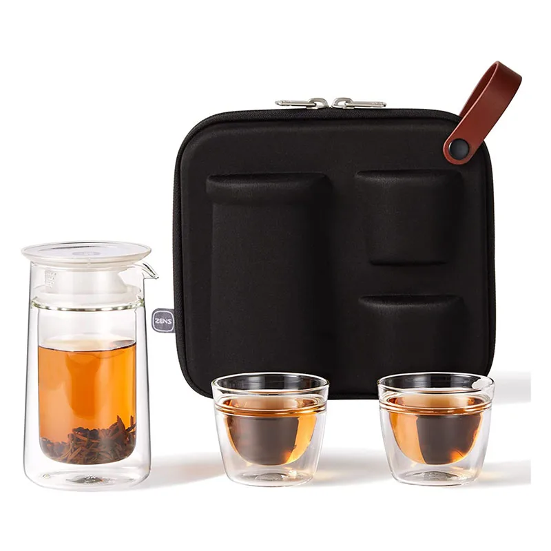 

Travel Tea Set,Glass Portable Teapot Infuser Set for Loose Tea,160ml Double Wall Tea Pot and 2 Teacup with Eva Case