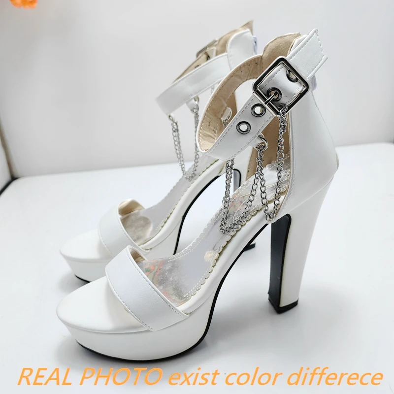 ORCHA LISA Laides Sandals Peep Toe Ultrahigh Heel 12cm Buckle Strap Metal Chain Platform 3cm Dating Shoes Plus Size 47 48 50