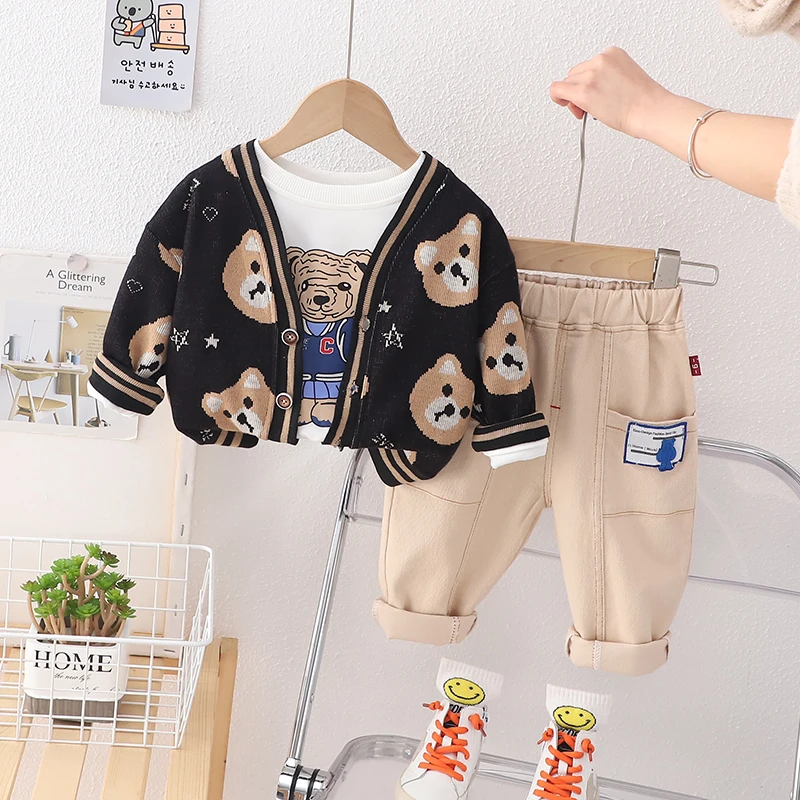

3Pcs/Sets Spring Autumn Children Fashion Clothes Kids Boys Girls Cartoon Bear Cardigan Coat Shirt Pants Baby Toddler Sportswear