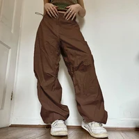 casual loose wide leg sweatpants solid color loose drawstring low waist street overalls womens hippie jogger pants woven pants