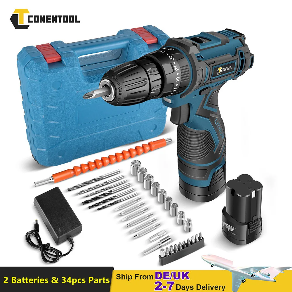 

Conentool 18V Electric Screwdriver Set 34pcs Cordless Drill Battery 1500mah Rechargeable Screwdriver Torque 25+3 Tools Kit