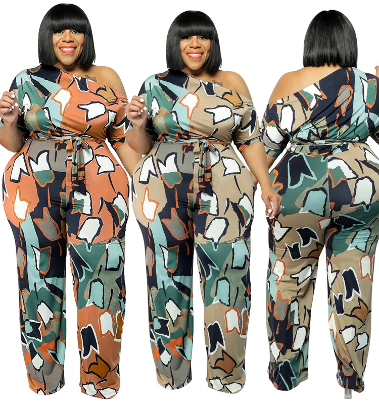 

2022 New Summer Plus Size Printing Woman Jumpsuit Slash Neck Pattern Sash Straight Party Rompers Club Overalls Birthday