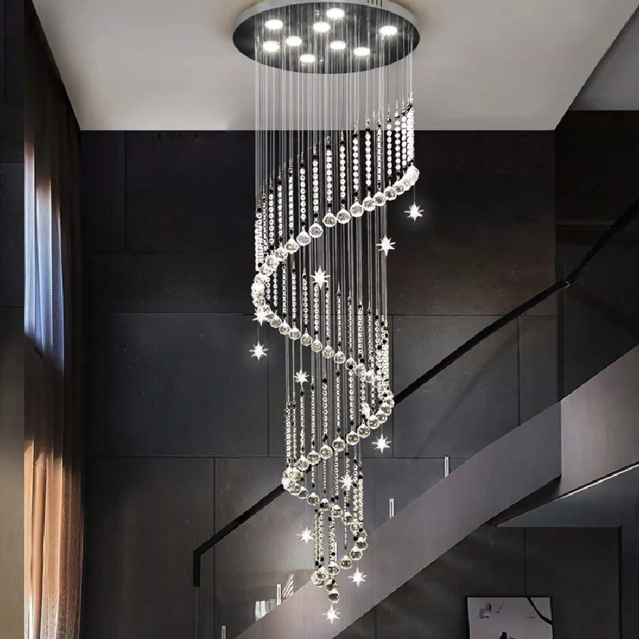 

Duplex Villa Stair Chandeliers Modern Crystal Spiral Staircase Light Home Decor Living Room High Loft Long Hanging Lamp