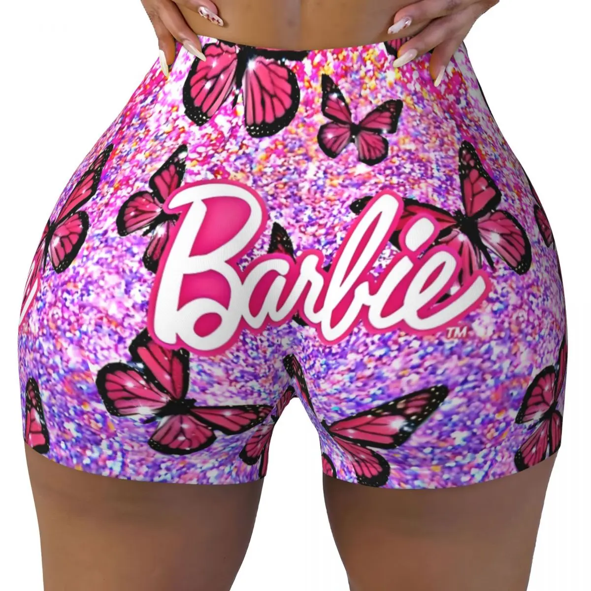 Фото Женские спортивные шорты для йоги Fondo De Barbie, быстросохнущие шорты Барби, розовые спортивные леггинсы с логотипом №1