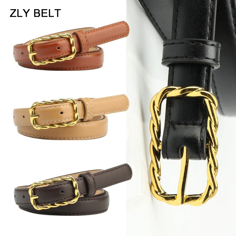 2023 New Fashion Slender Type Belt Women Men Versatile Solid PU Leather Material Golden Metal Pin Rectangle Buckle Luxury Belt