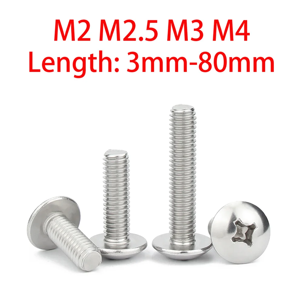 

304 A2 Stainless Steel Cross Recessed Mushroom Large Round Head Screws Bolts M2 M2.5 M3 M4 Phillips Truss Head Machine Screw