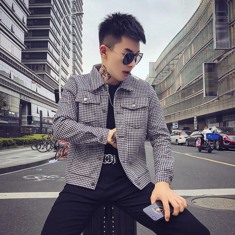 

Men 2022 Spring Autumn Fashion Single Breasted Plaid Jackets Male Korean Slim Fit Casual Coats Men Long Sleeve Outerwear G343