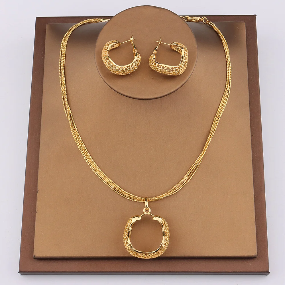 

Gold Plated Jewelry Sets for Women Dubai Jewelry Classical Copper Necklace Elegant Luxury Women's Wedding Accessories Earrings