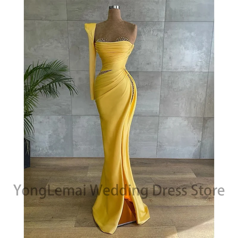 

New One Long Sleeve Satin Floor Length Beaded Pearls Sequins Appliques Side Slit Prom Dress Formal Yellow Luxury Evening Dresses