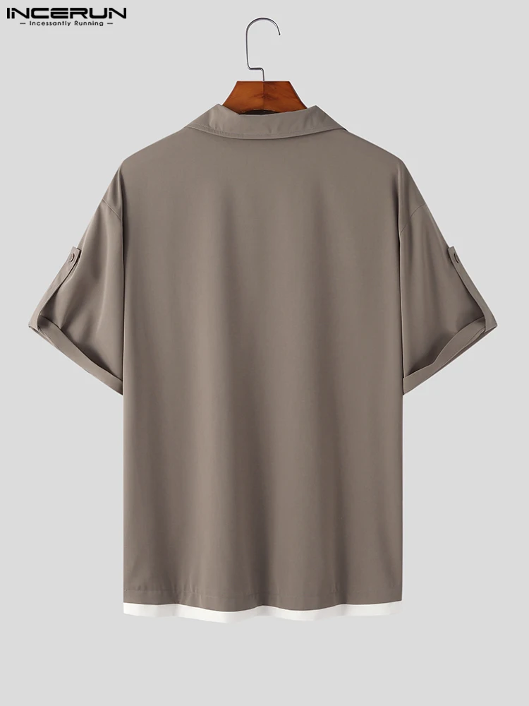 Fashion Casual Men's Tops INCERUN Fake two-piece Splicing Blouse Stylish Male Solid Color Drape Five-quarter Sleeve Shirts S-5XL