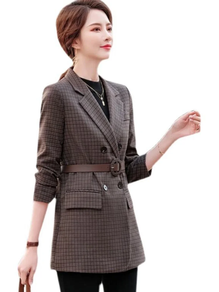 Plaid Long Coat with Belt for Women Double Breasted Jacket Fashion OEM Outwear Loose Style Blazer
