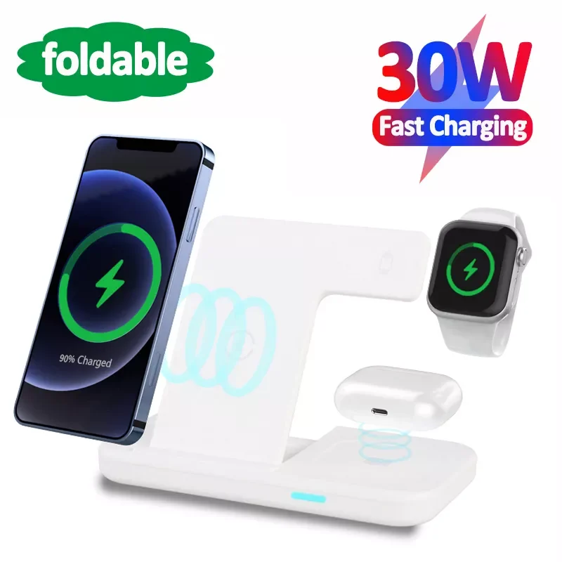 

30W Qi Fast Wireless Charger Stand For iPhone 11 12 X 8 Watch 3 in 1 Foldable Charging Dock Station for Airpods Pro