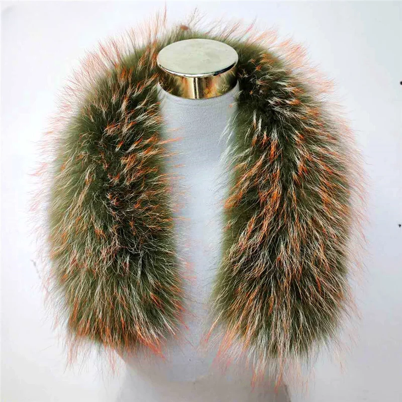 Natural Raccoon Fur Collar 75*15cm Super Luxury Green Scarves Winter Women Men Jackets Real Decoration Neck Warmer Shawl |
