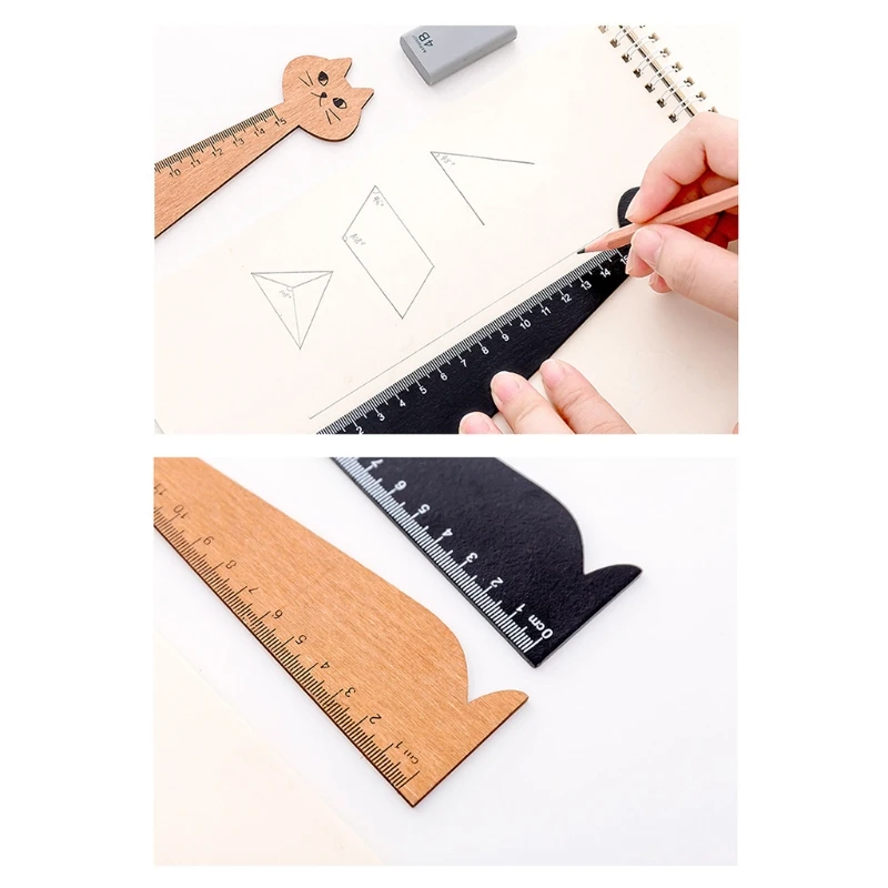 

15cm Wood Straight Ruler Lovely Kitten Outlook Design Accurate Scales for Student Teacher Artists Designers Y98A