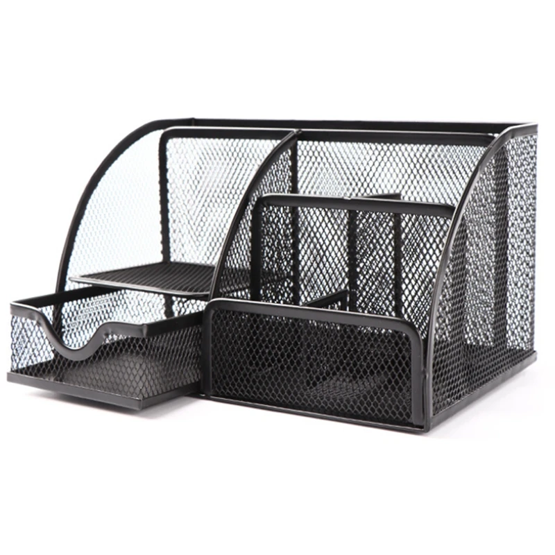 

Сетчатый Настольный органайзер, держатель для ручек, коробка для хранения аксессуаров с 6 отделениями и ящиком, подарок для офисных принадл...