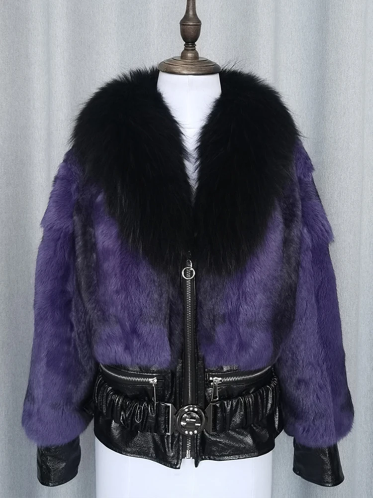 New Winter Women Real Rex Rabbit Fur Coat Leather Jacket Natural Angora Rabbit Fur Outerwear Large Fox Fur Collar Thick Warm Zip