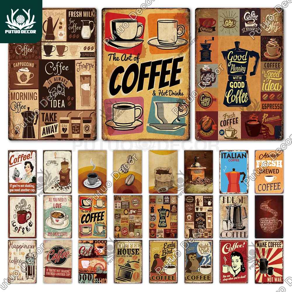 Putuo Decor Coffee Vintage Tin Sign Plaque Metal Plate Retro Wall Art Posters for Kitchen Bar Cafe Iron Painting Decoration