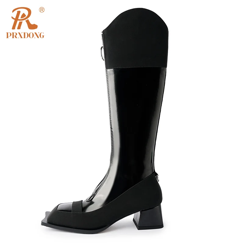 

PRXDONG New Classics Autumn WInter Shoes Woman Knee High Boots Med Heels Square Toe Black Front zipper Dress Party Female SHoes