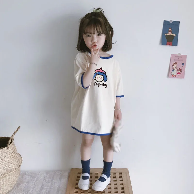 Summer Girls Short-Sleeved T-Shirt Baby New Solid Color Casual Loose Version Clothes Cartoons Cute Color Matching Mid-Length Top