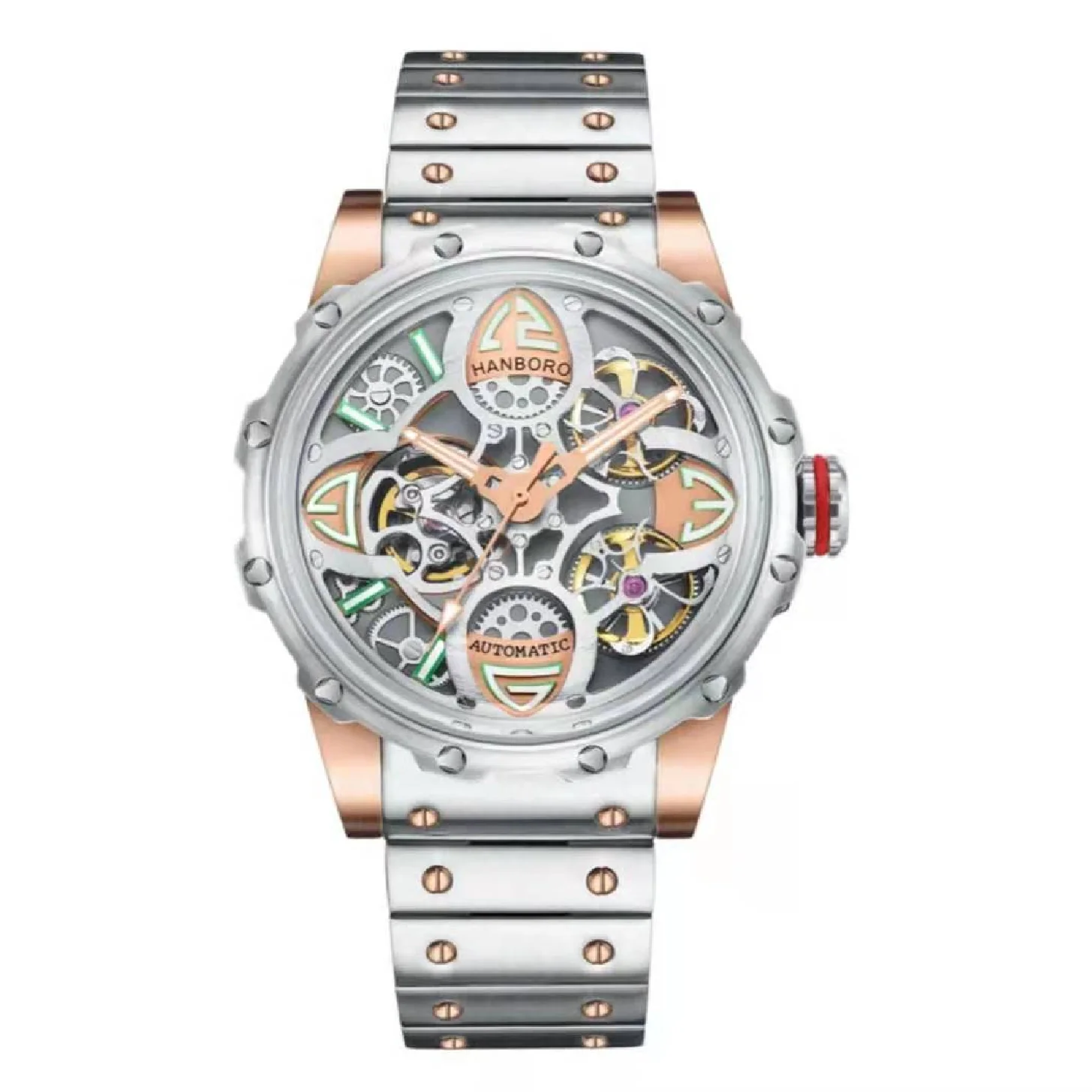 

HANBORO new Wristwatch flywheel full-automatic mechanical watch luminous skeleton hollow fashion business steel band MAN Watch