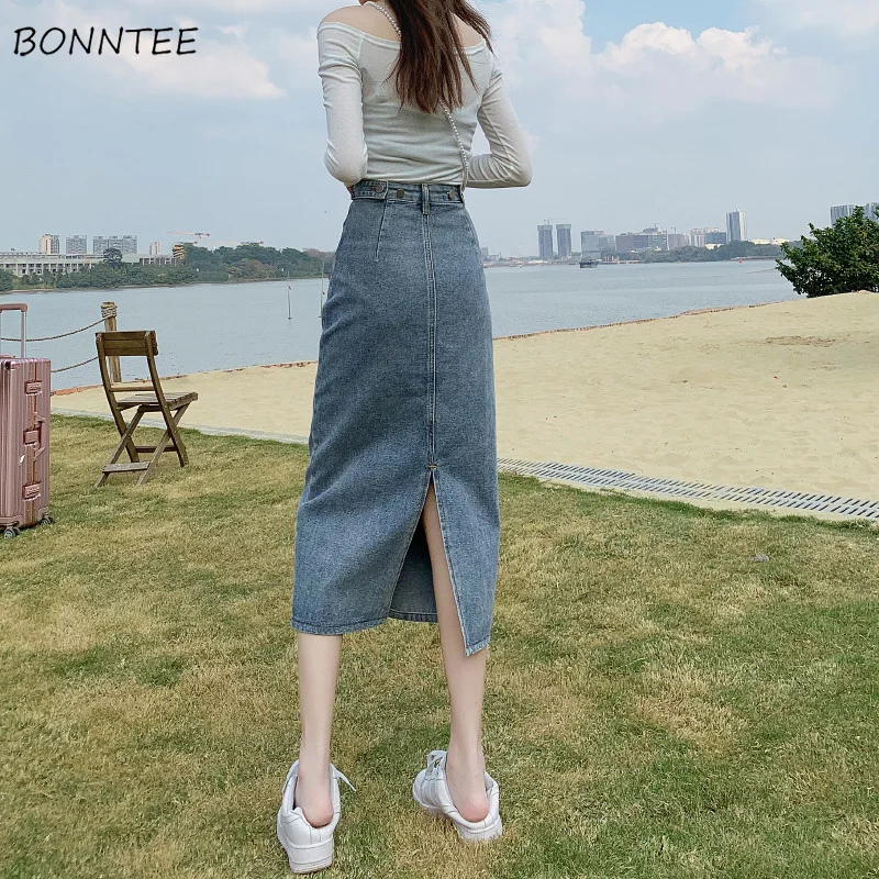 

Denim Skirts Women Back-slit Sexy Fashion Mid-Calf Empire Mujer Faldas Korean Style Solid Vacation Casual All-match Young Chic