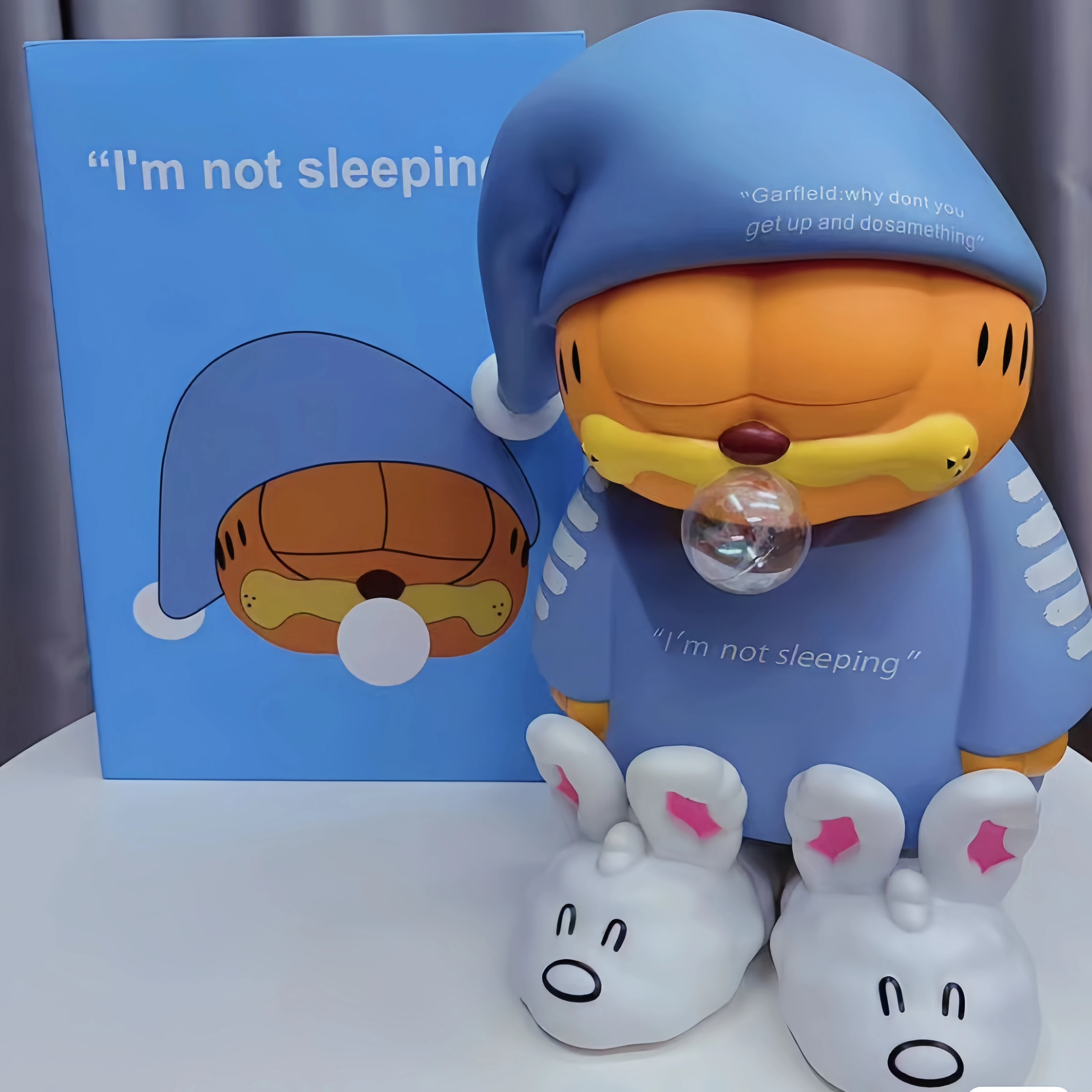 

1:1 Large 35cm Drowsy Garfield Anime Figure Pajamas Coffee Cat Cartoon Figurine Model Ornament Collections Decor Gift