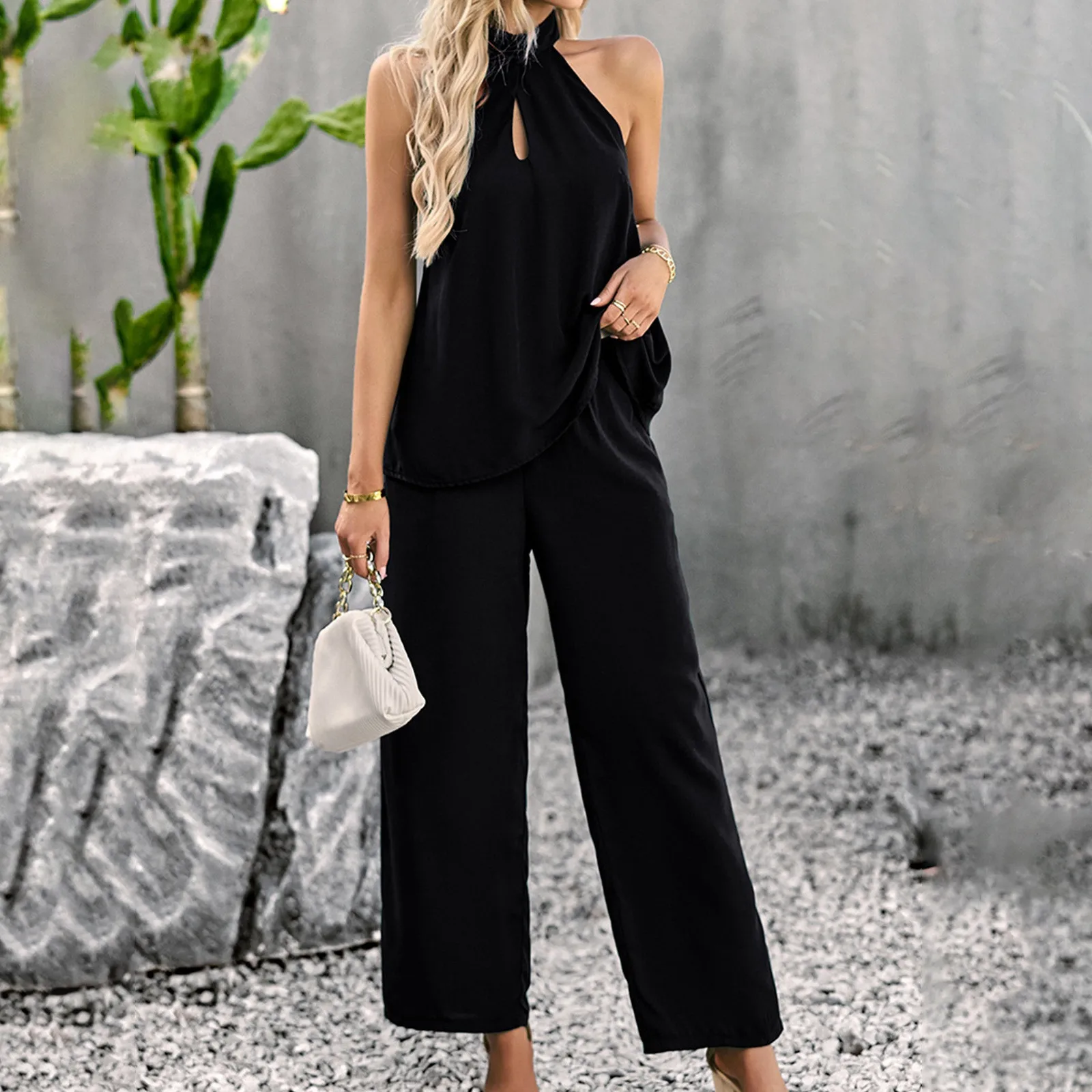 

Женский Повседневный костюм из 2 предметов, Элегантный Привлекательный пуловер с лямкой на шее, ажурный топ без рукавов и широкие брюки, лето 2023