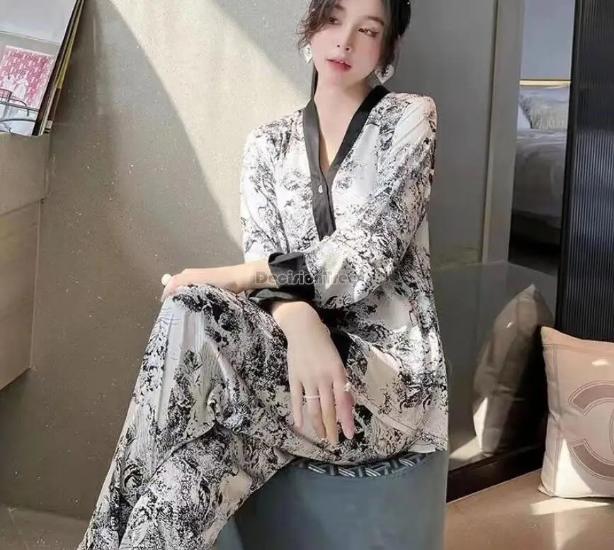 

2022 chinese style summer women pajamas ink painting ice silk home clothes four piece set casual sexy v neck home clothes q113